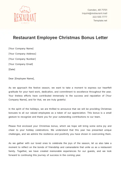 Free Restaurant Employee Christmas Bonus Letter Template to Edit Online