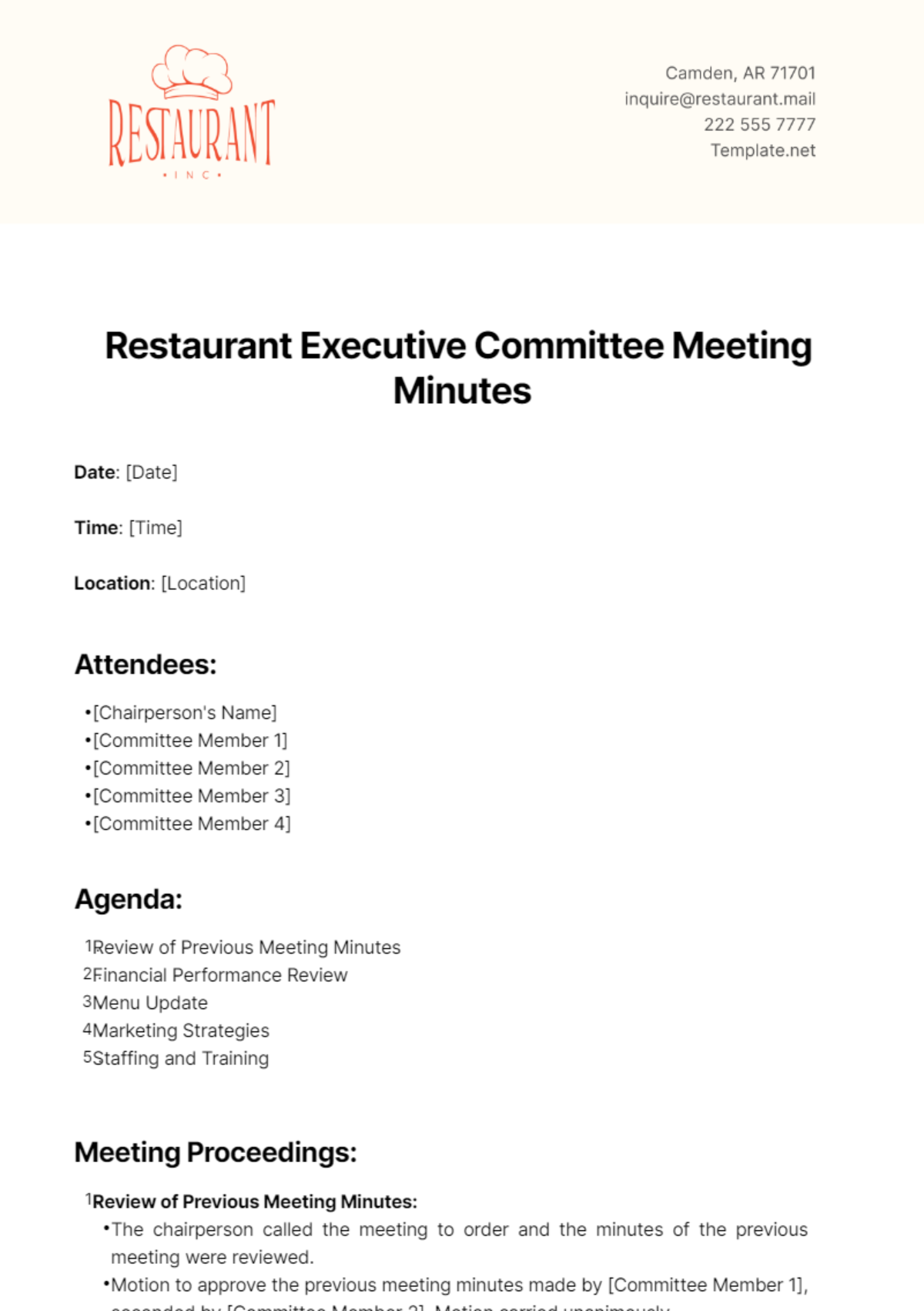 Free Restaurant Executive Committee Meeting Minutes Template
