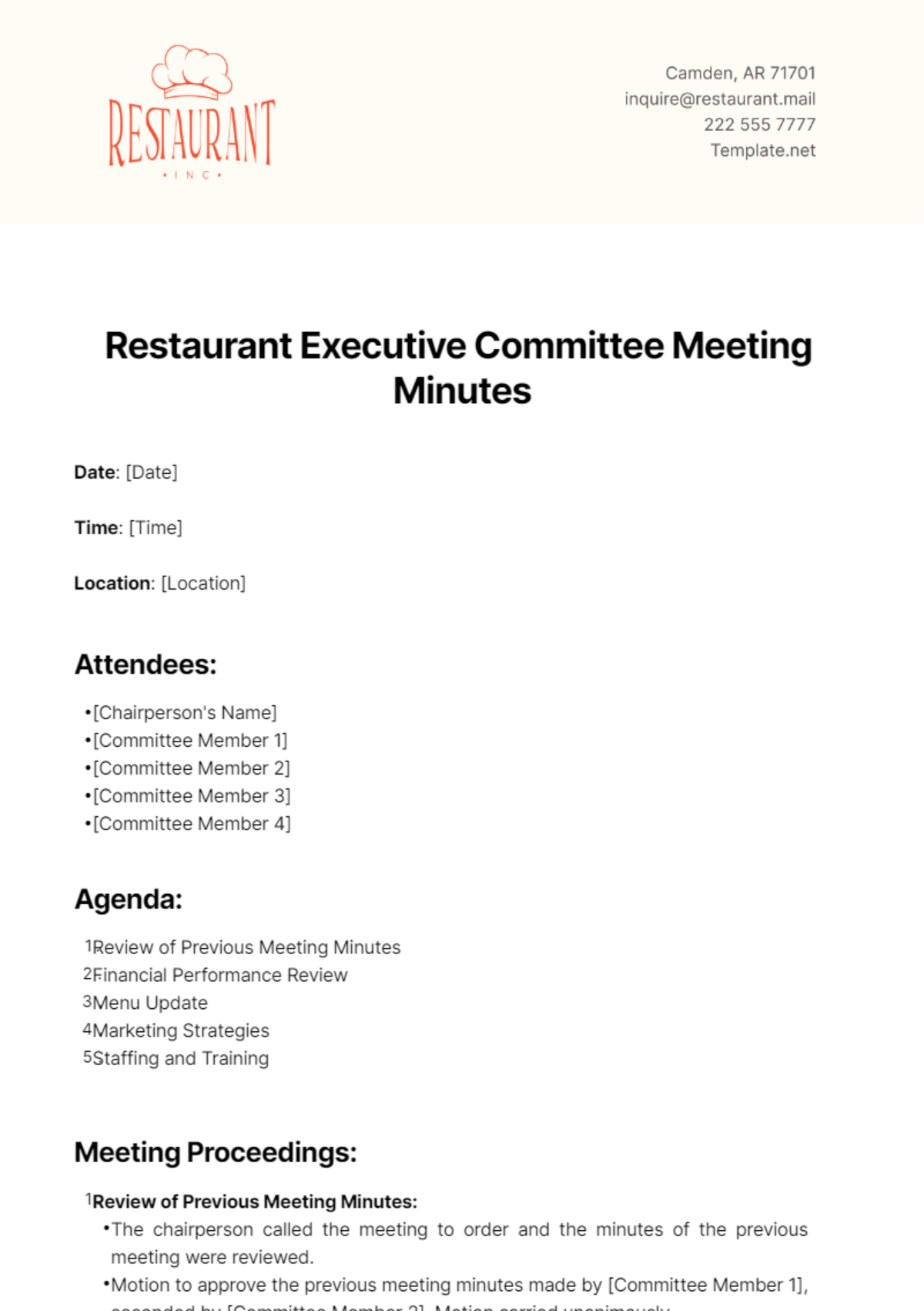 Restaurant Executive Committee Meeting Minutes Template - Edit Online & Download