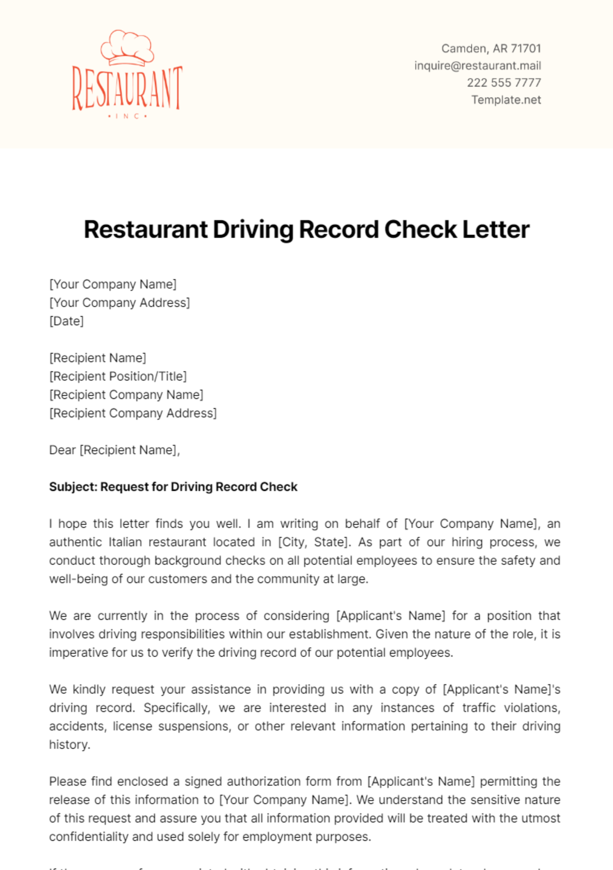 Restaurant Driving Record Check Letter Template - Edit Online & Download