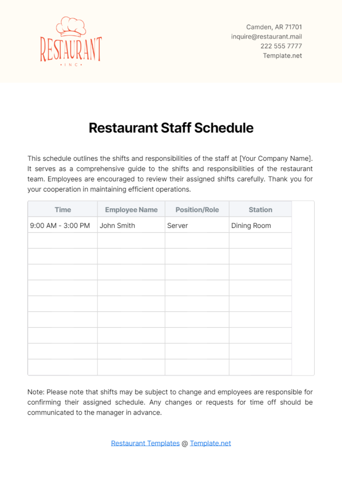 Restaurant Staff Schedule Template - Edit Online & Download