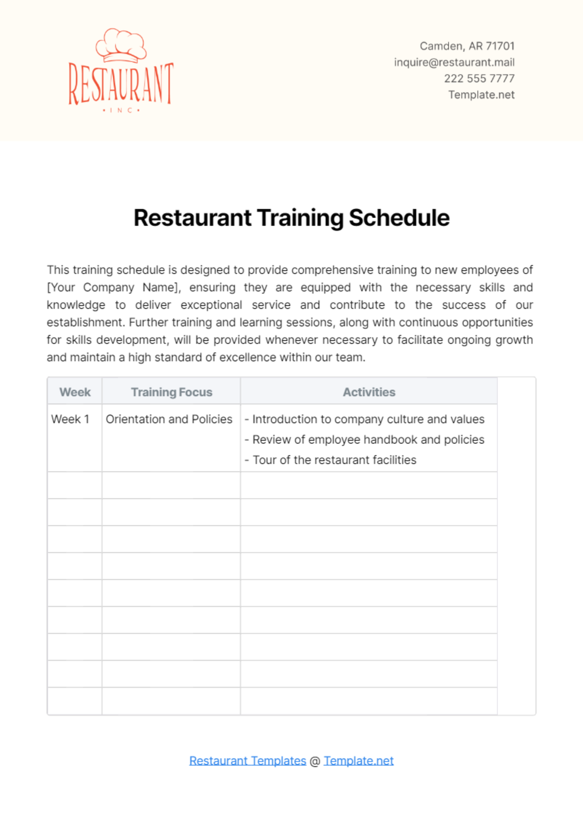 Restaurant Training Schedule Template - Edit Online & Download