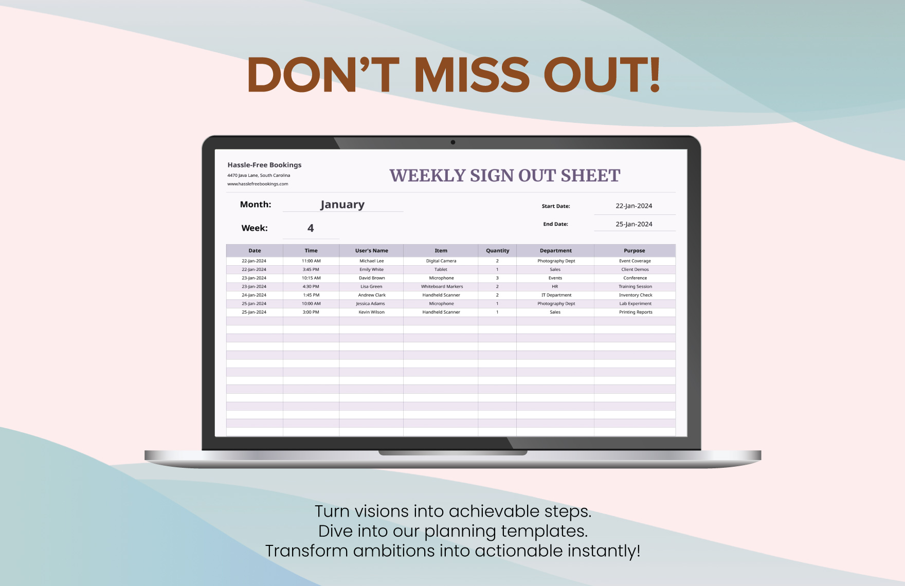 Weekly Sign Out Sheet Template