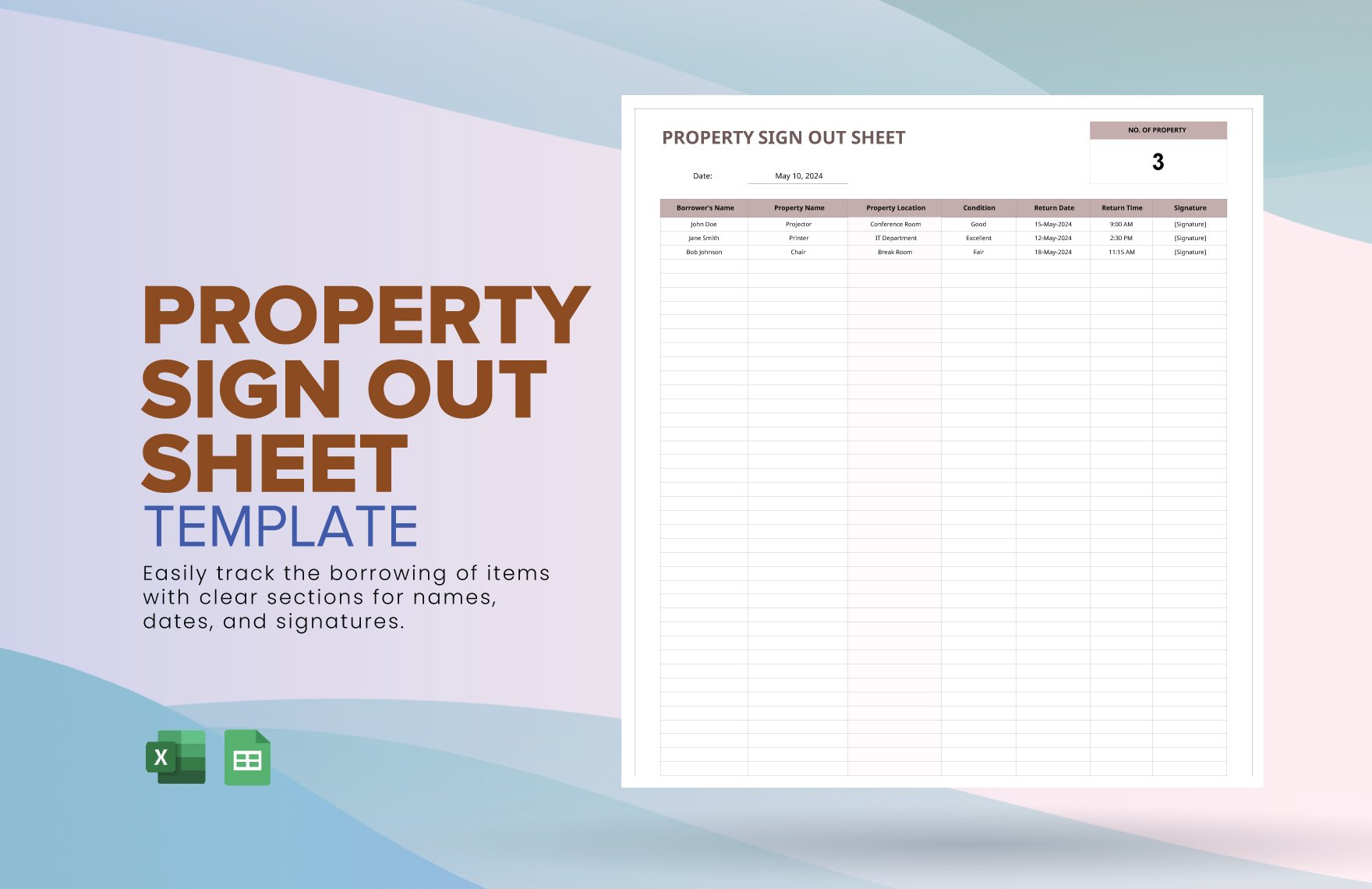 Property Sign Out Sheet Template in Excel, Google Sheets