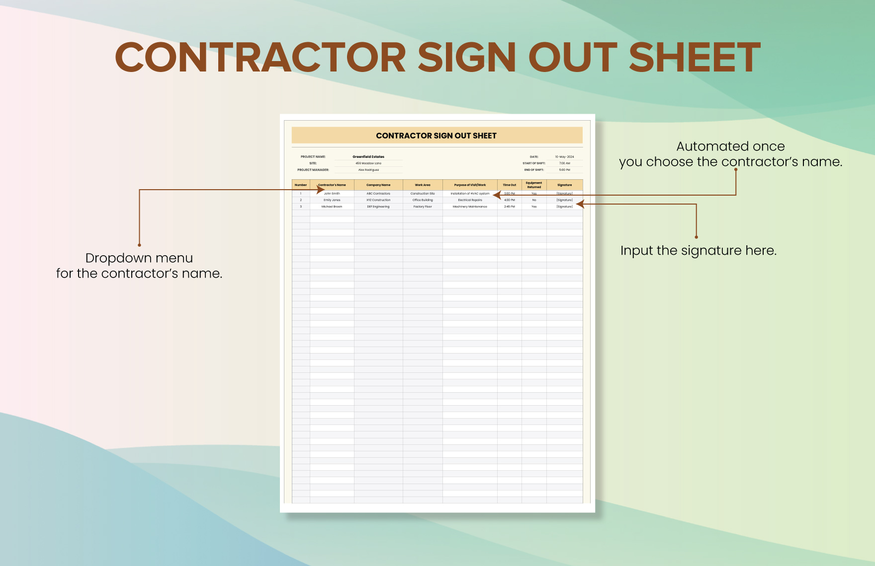 Contractor Sign Out Sheet Template