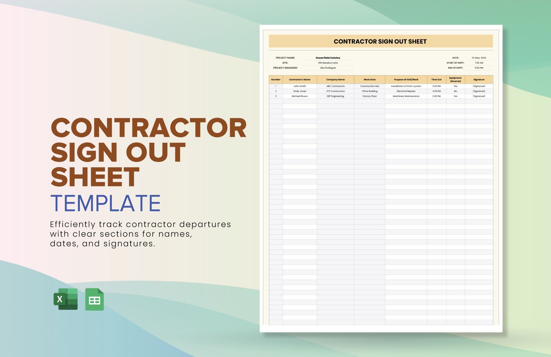Free Contractor Sign Out Sheet Template in Excel, Google Sheets