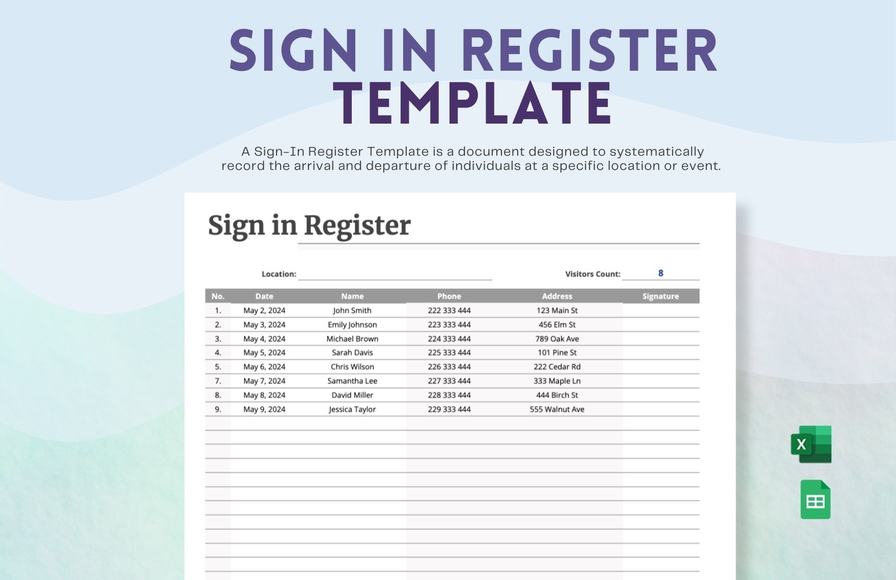 Sign in Register Template in Excel, Google Sheets