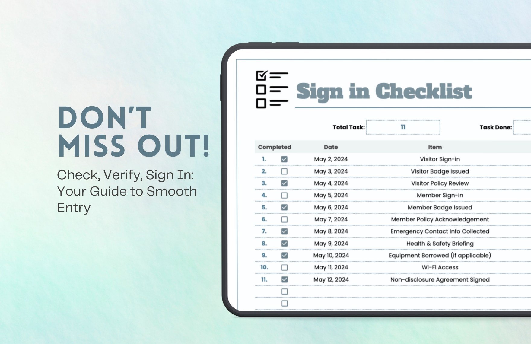 Sign in Checklist Template