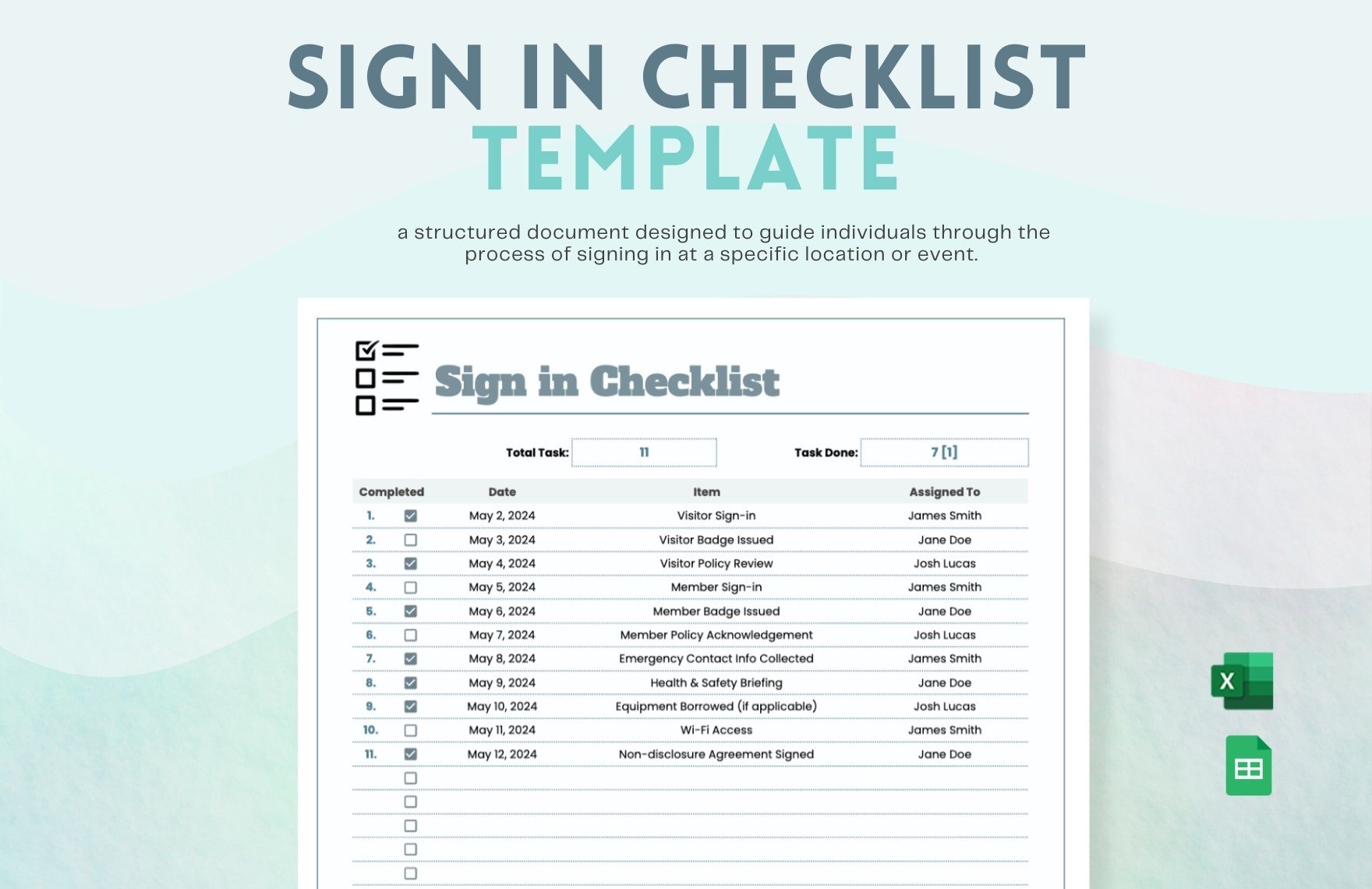 Sign in Checklist Template in Excel, Google Sheets