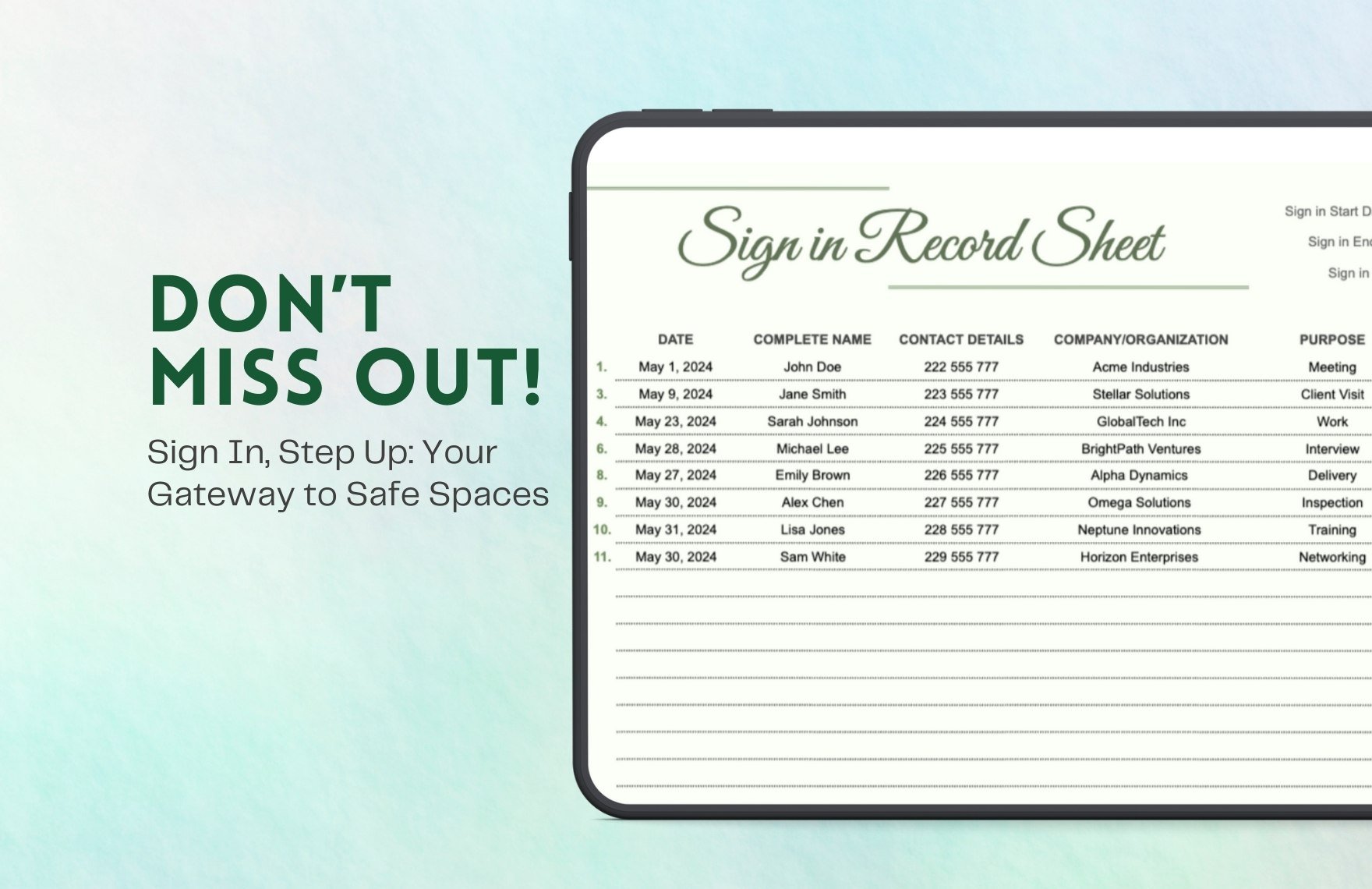 Sign in Record Sheet Template
