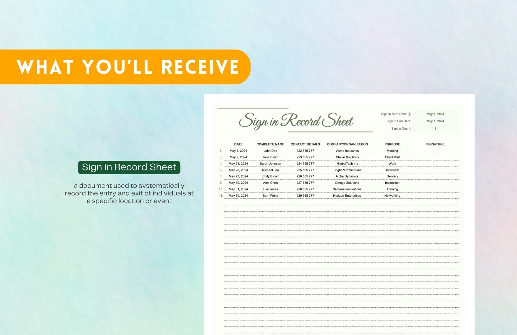 Sign in Record Sheet Template