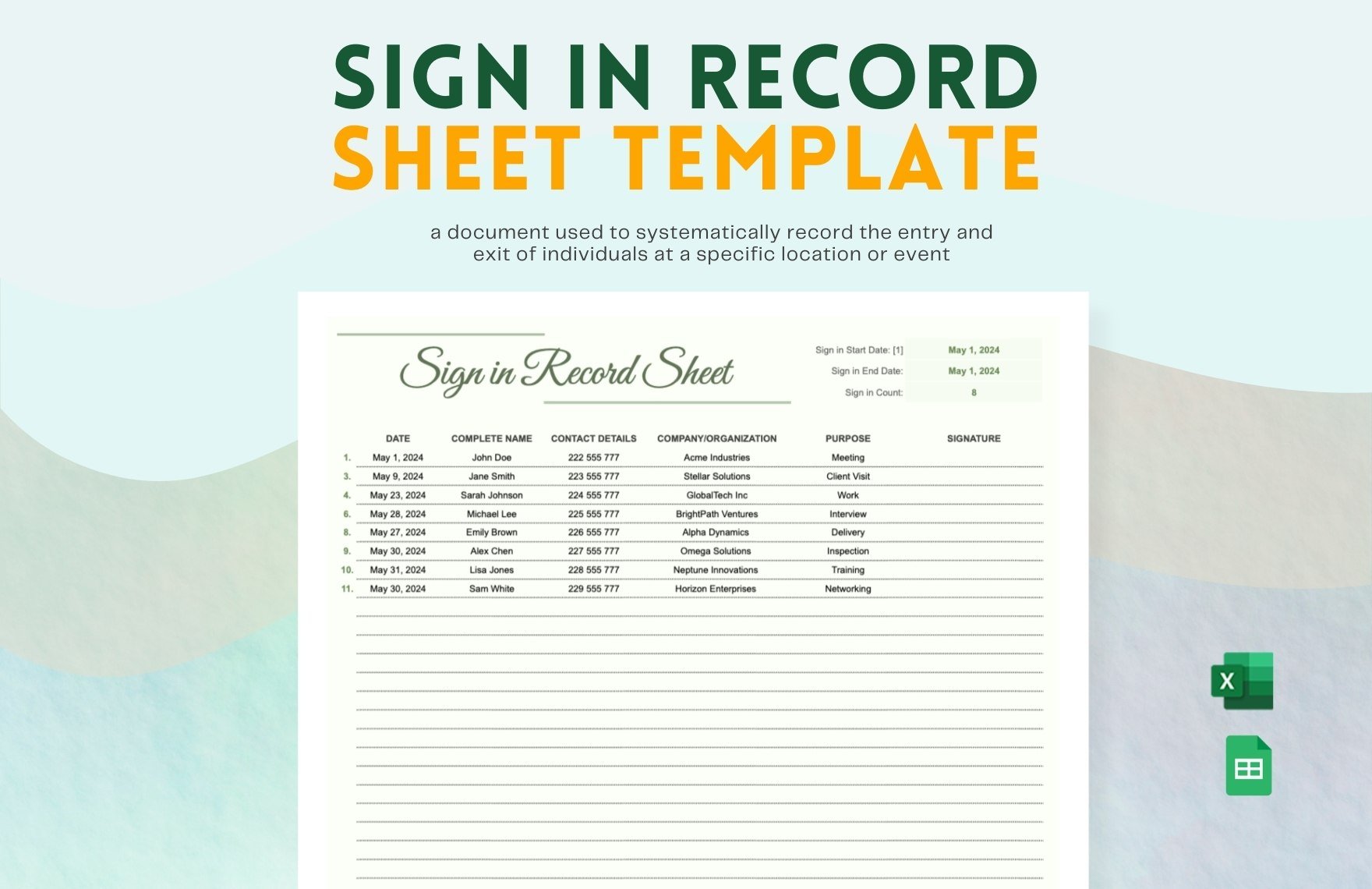 Free Sign in Record Sheet Template in Excel, Google Sheets