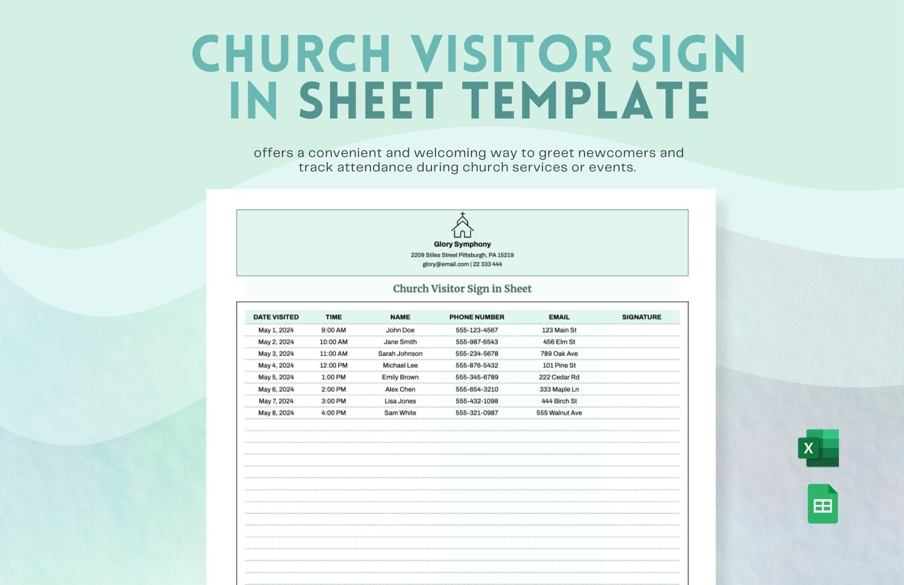 Church Visitor Sign in Sheet Template in Excel, Google Sheets