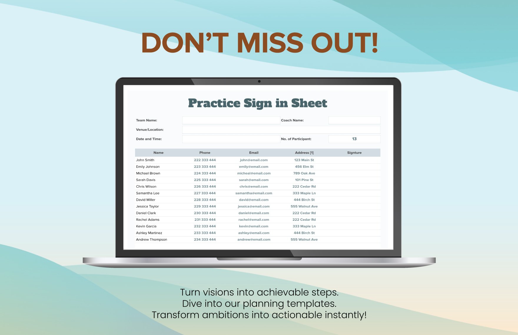 Practice Sign in Sheet Template