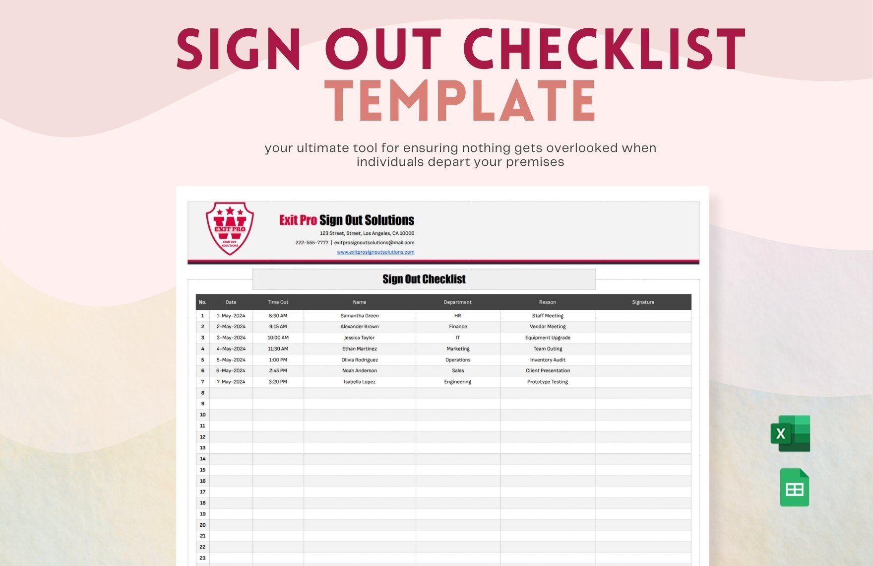 Sign Out Checklist Template in Excel, Google Sheets