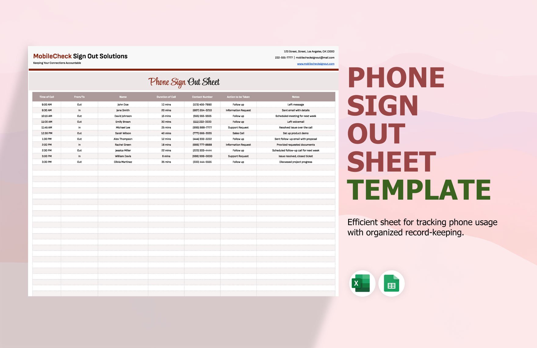 Phone Sign Out Sheet Template in Excel, Google Sheets