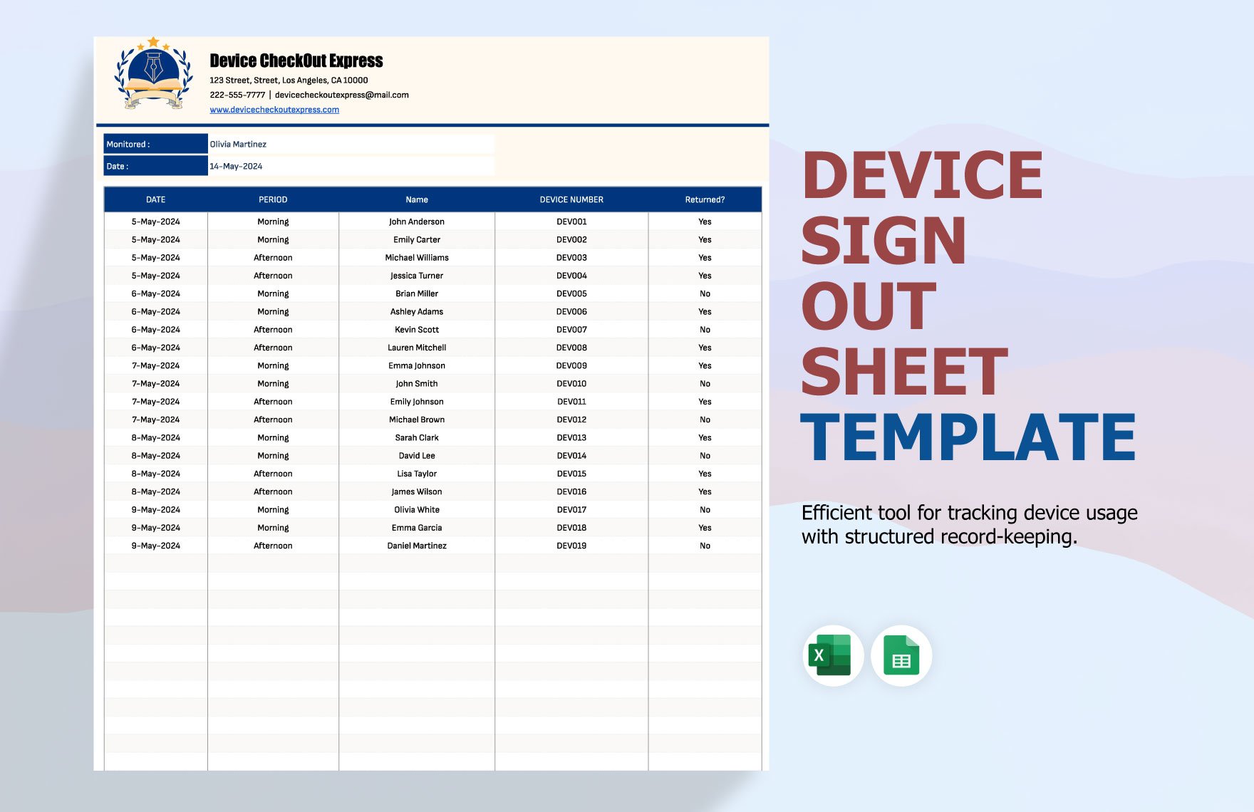 Device Sign Out Sheet Template in Excel, Google Sheets