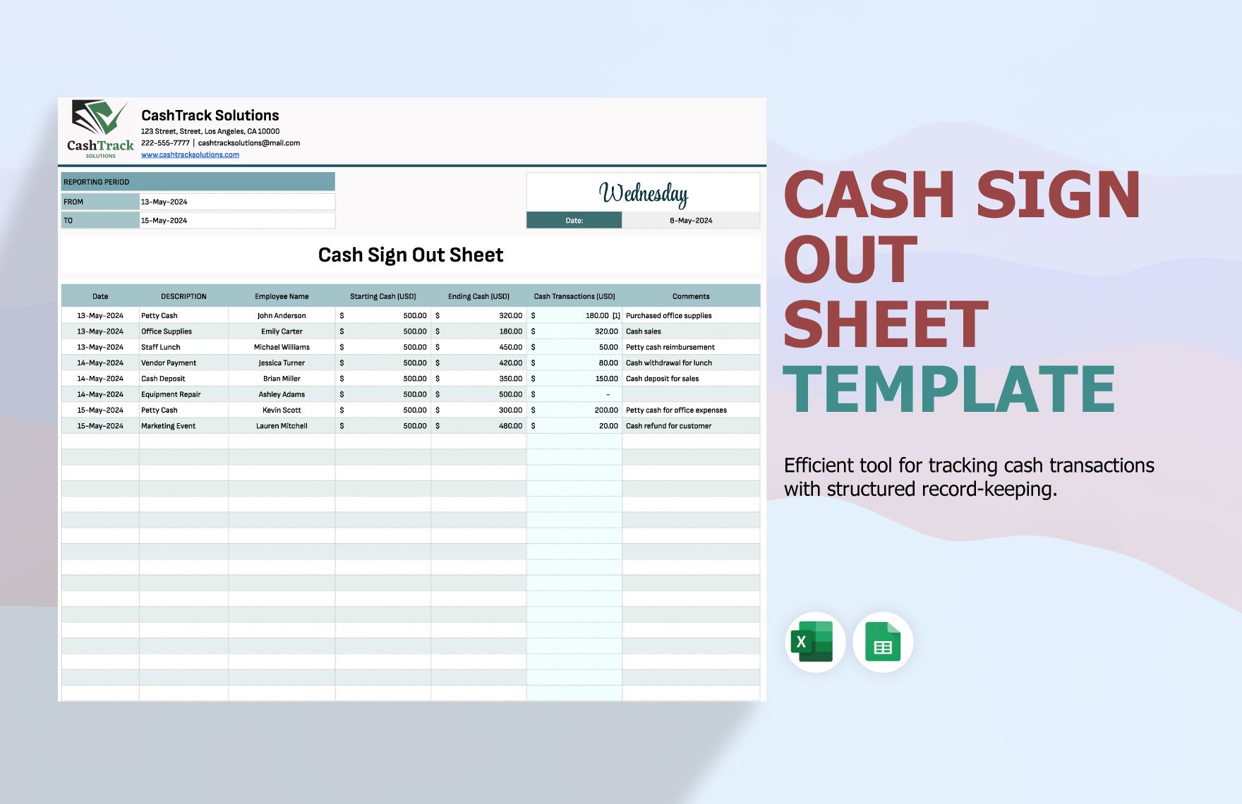 Cash Sign Out Sheet Template in Excel, Google Sheets