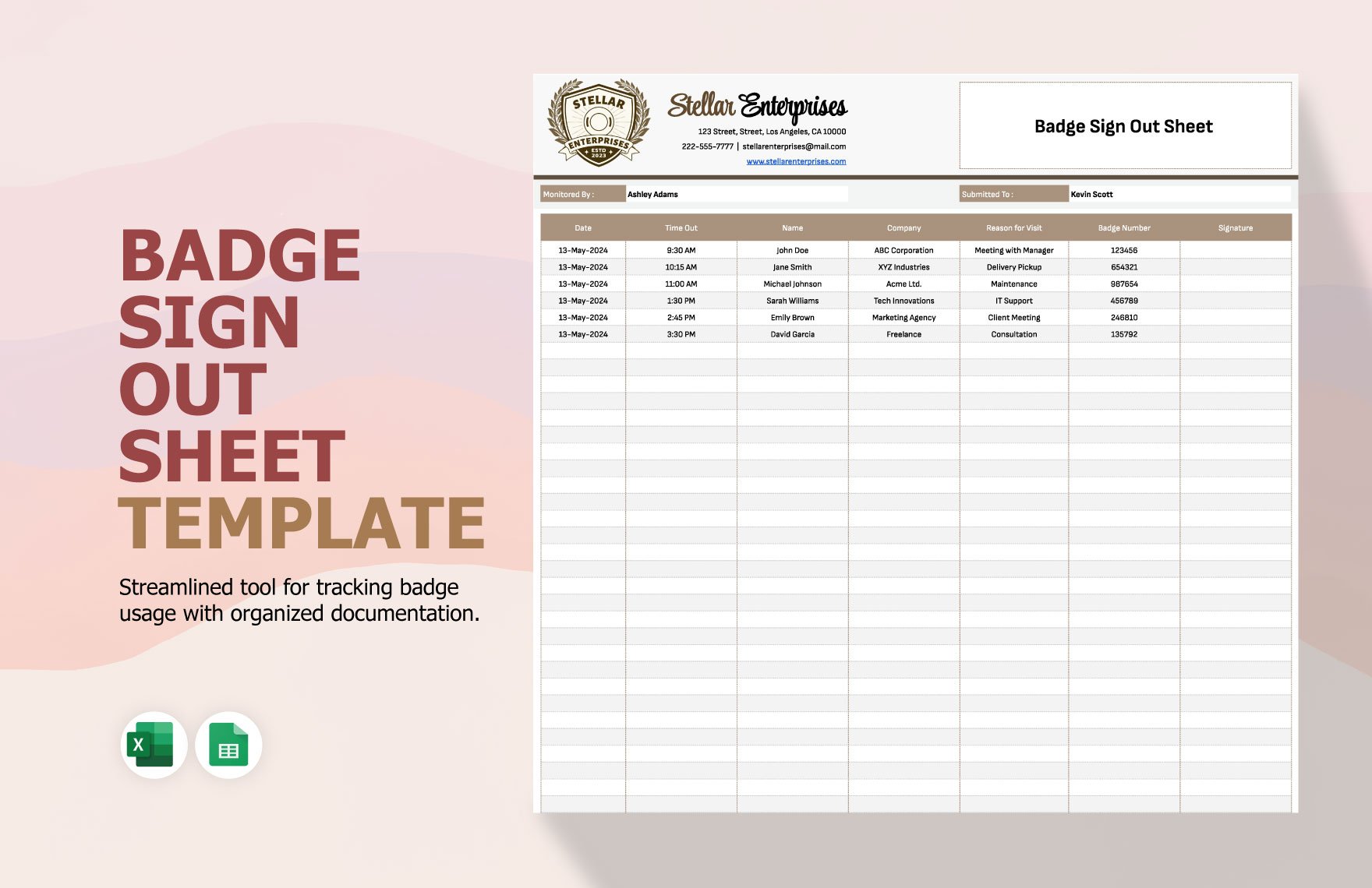 Badge Sign Out Sheet Template in Excel, Google Sheets