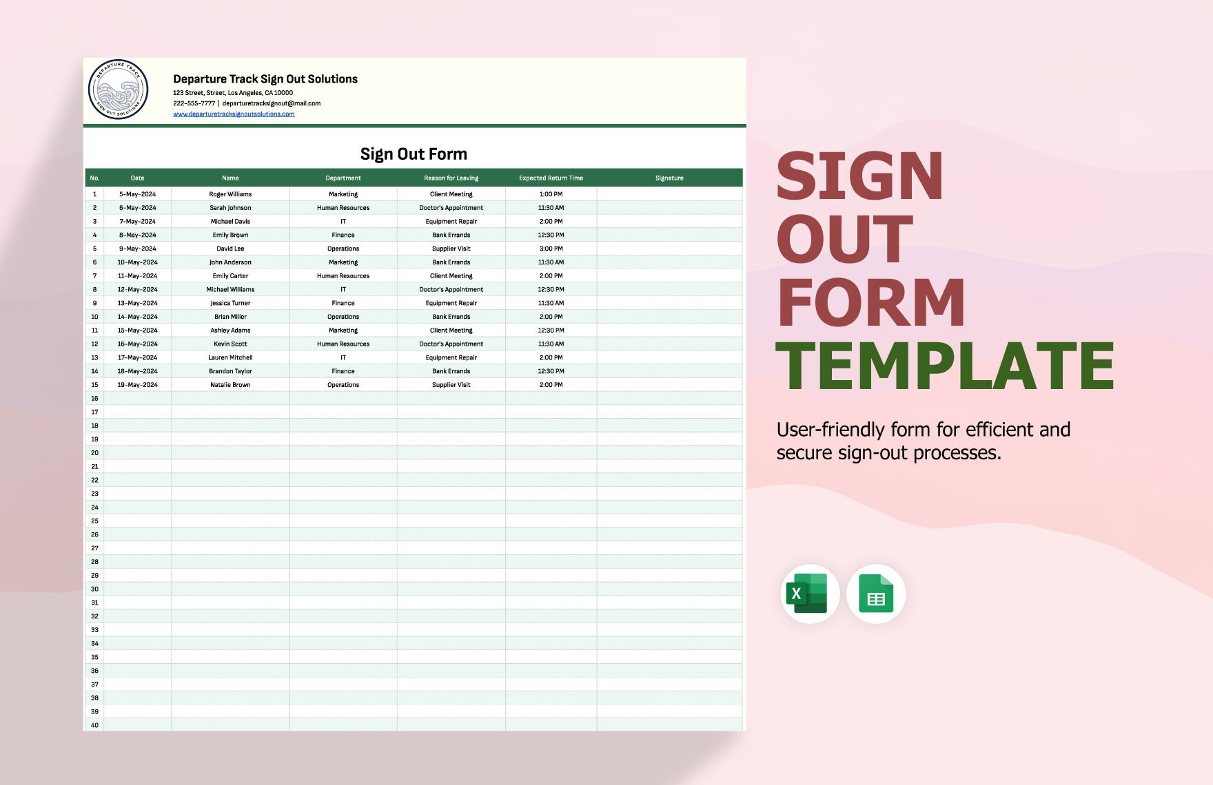 Sign Out Form Template in Excel, Google Sheets