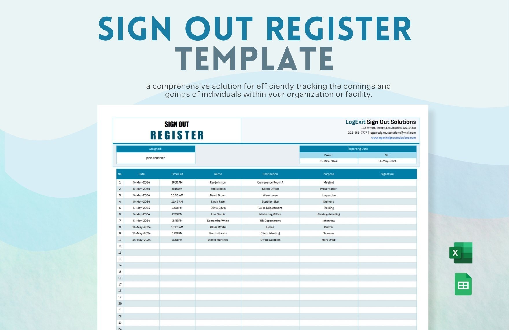 Sign Out Register Template in Excel, Google Sheets