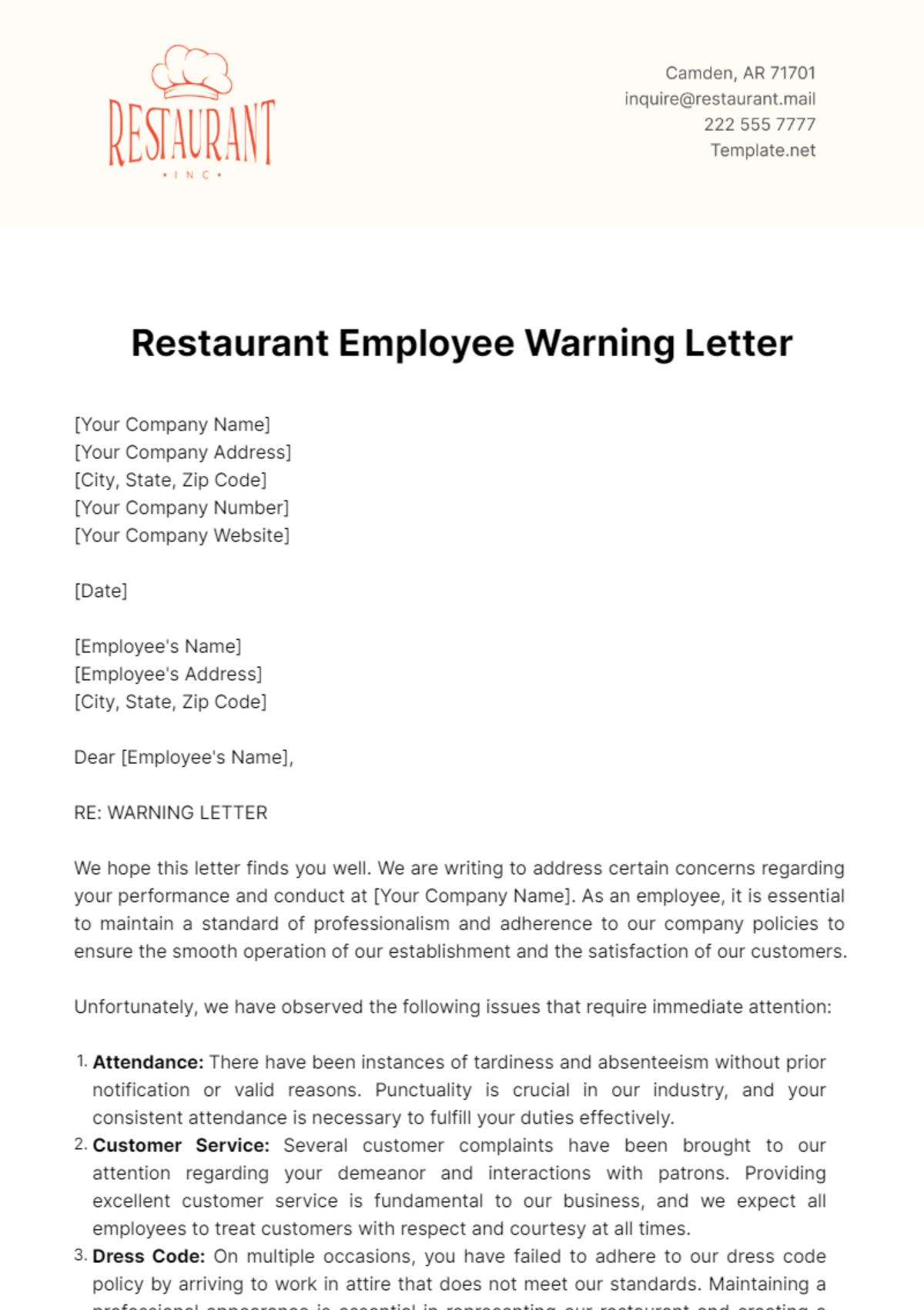 Restaurant Employee Warning Letter Template - Edit Online & Download