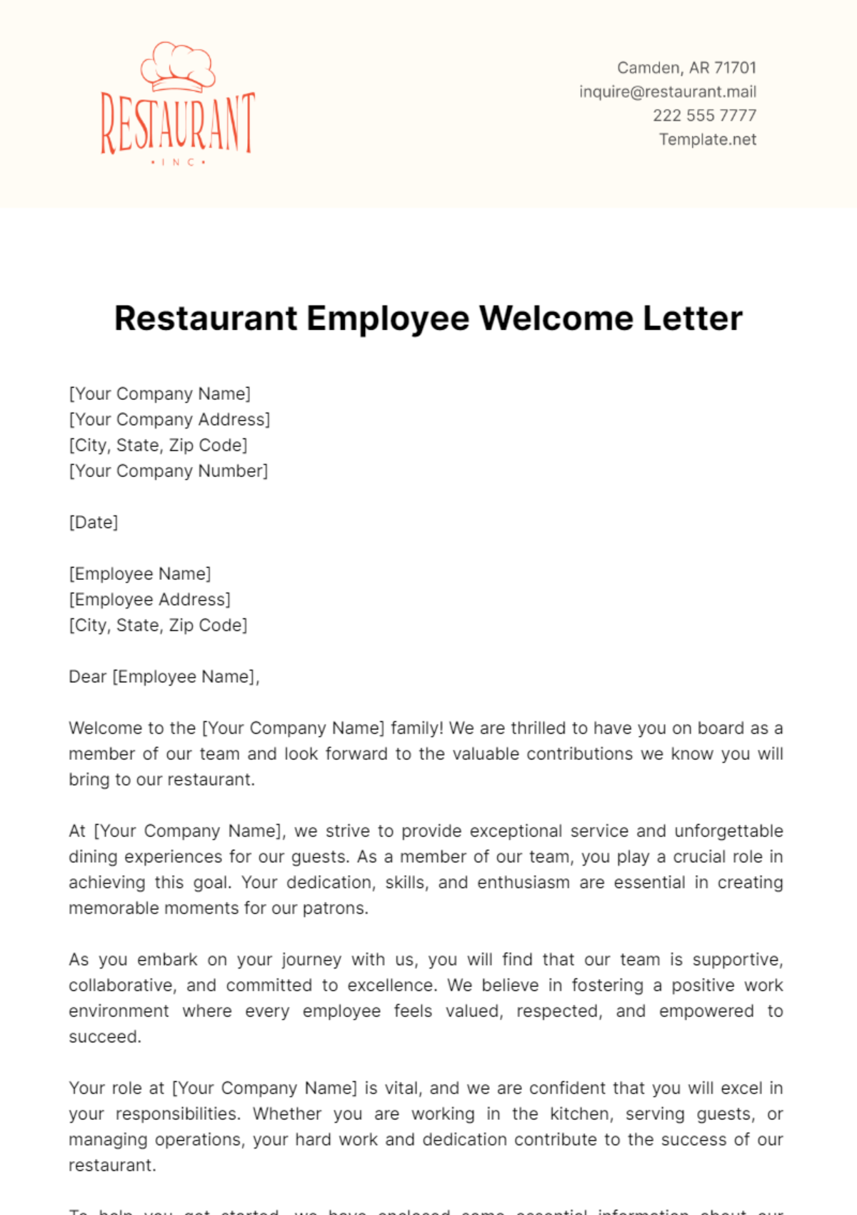 Restaurant Employee Welcome Letter Template - Edit Online & Download