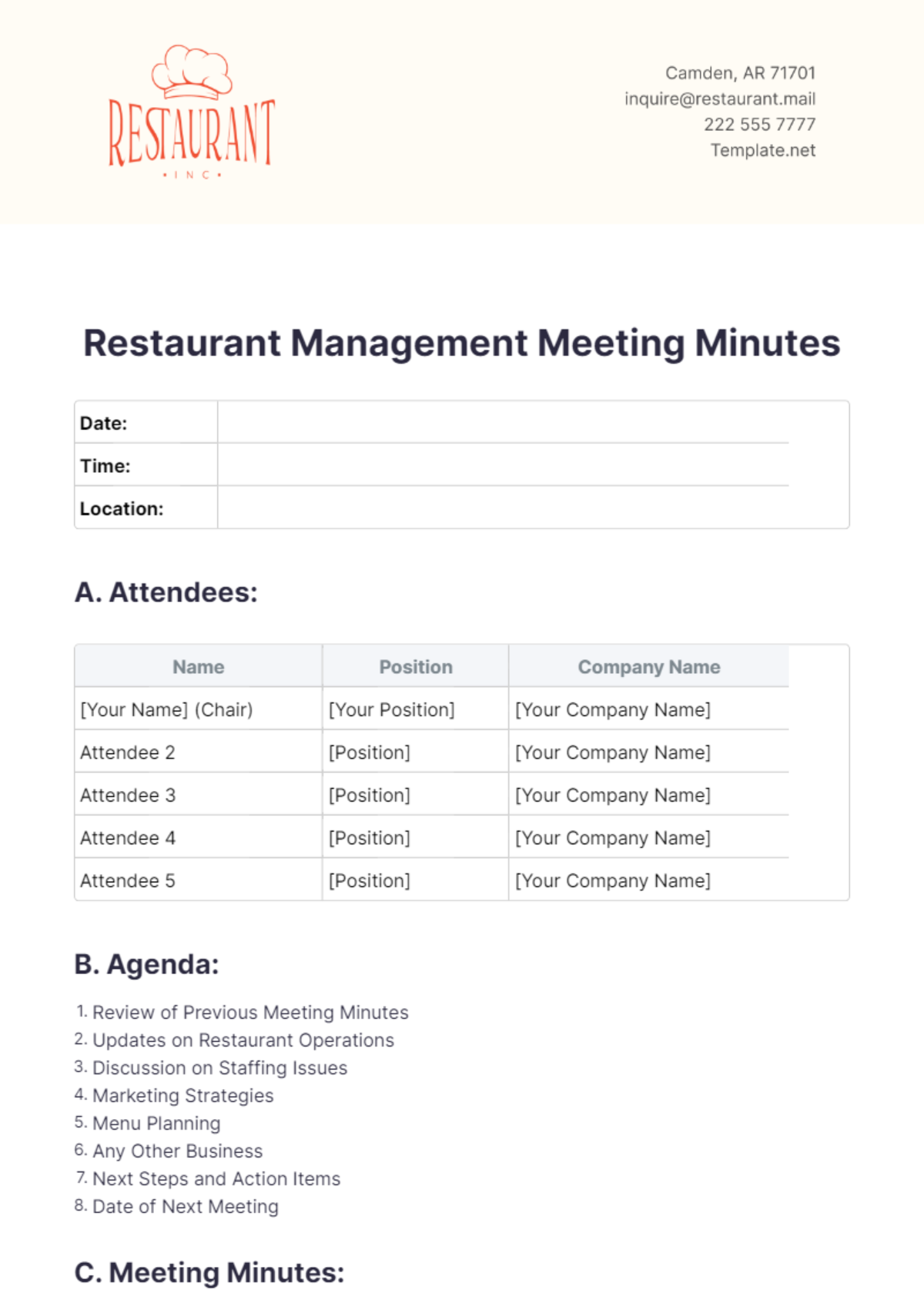 Free Restaurant Management Meeting Minutes Template