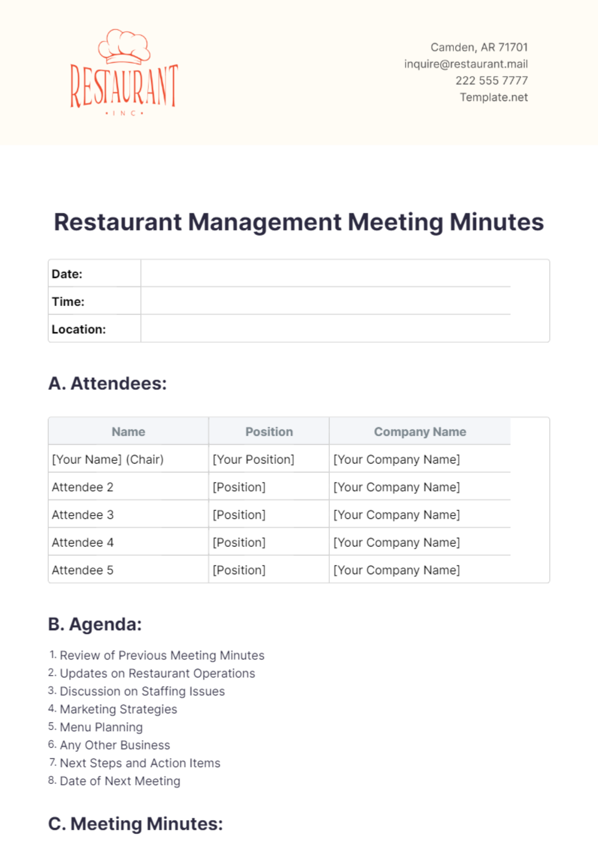 Restaurant Management Meeting Minutes Template - Edit Online & Download