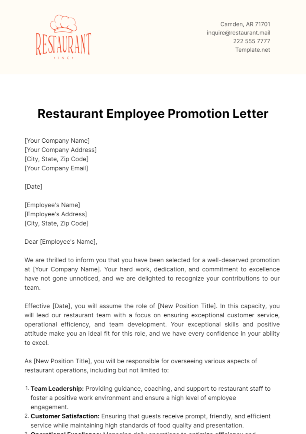 Restaurant Employee Promotion Letter Template - Edit Online & Download