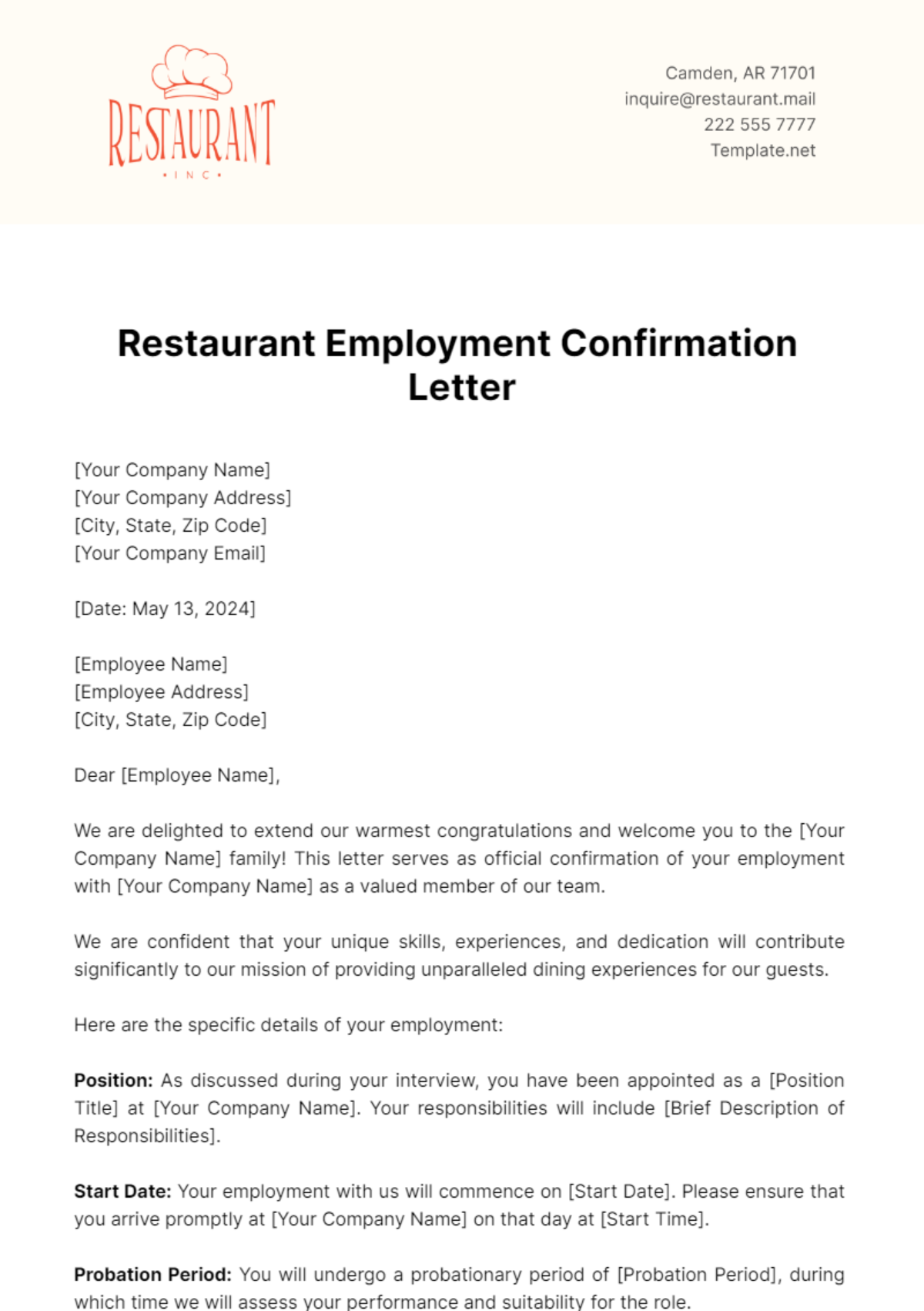 Restaurant Employment Confirmation Letter Template - Edit Online & Download