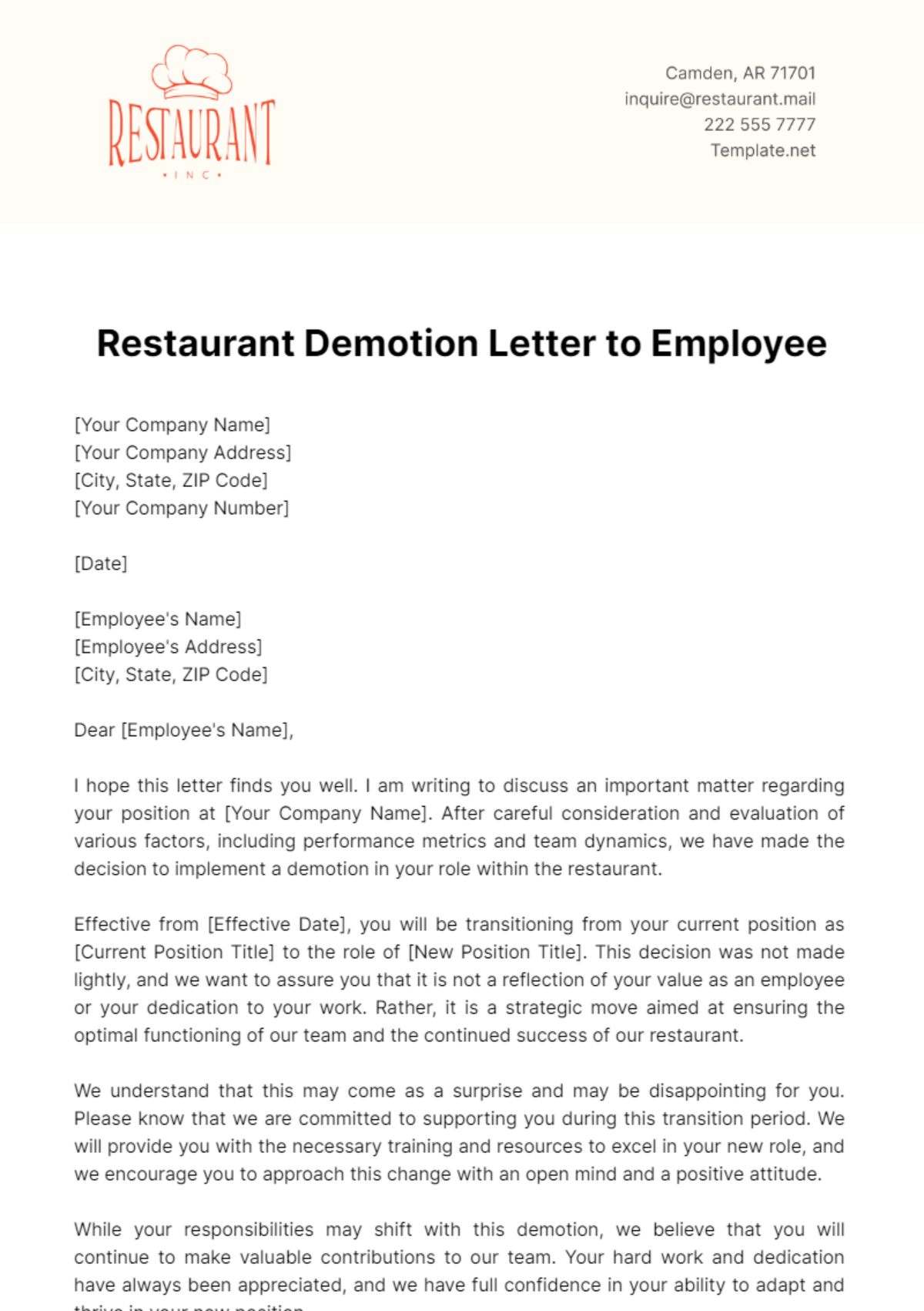 Restaurant Demotion Letter to Employee Template - Edit Online & Download