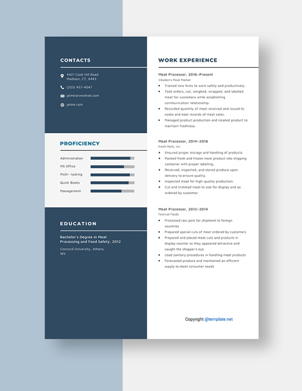 FREE Meat Processor Resume/CV Template - Word (DOC) | Apple (MAC) Pages