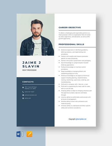Free Meat Processor Resume Template - Word, Apple Pages
