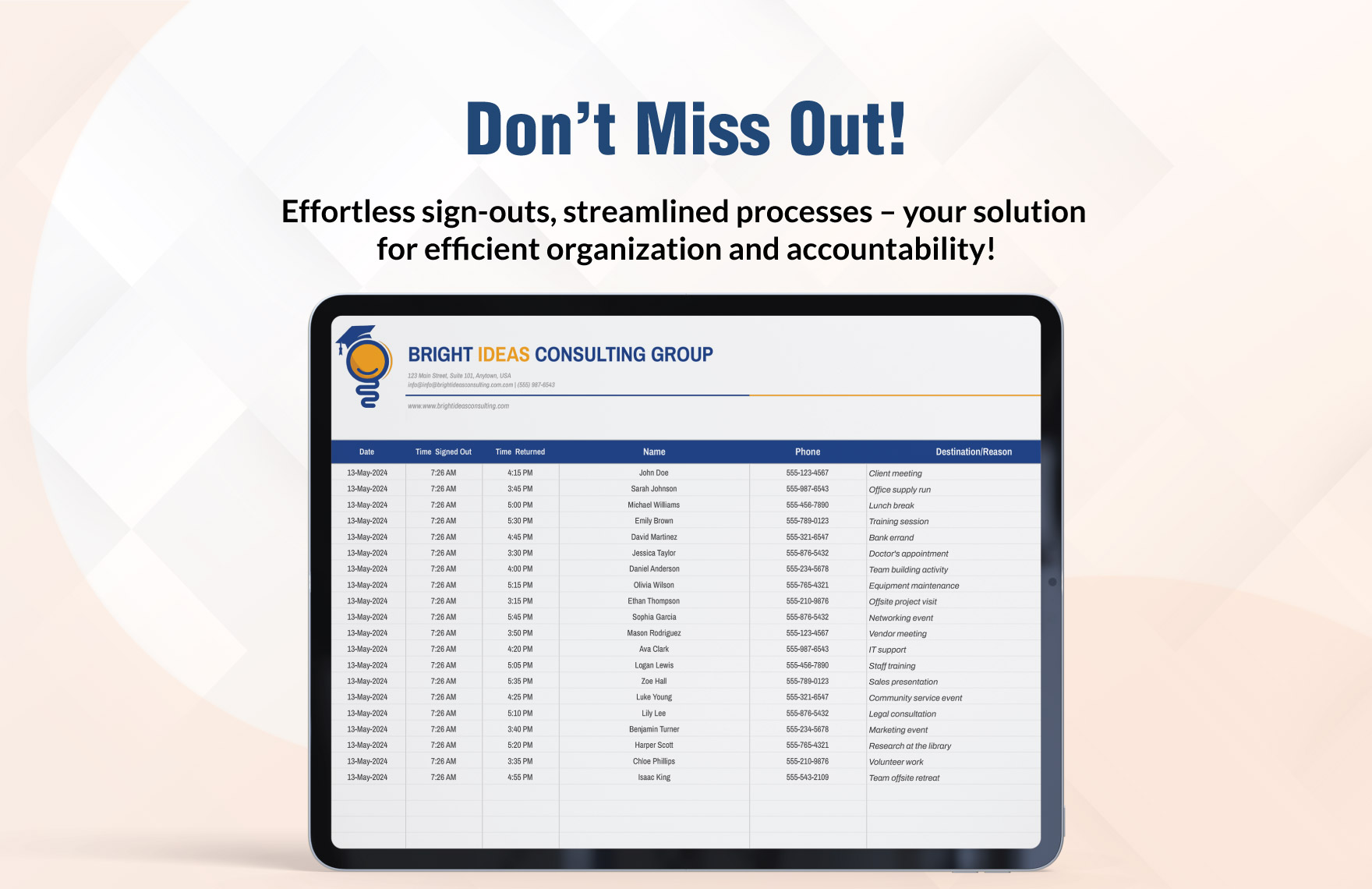 Daily Sign Out Sheet Template