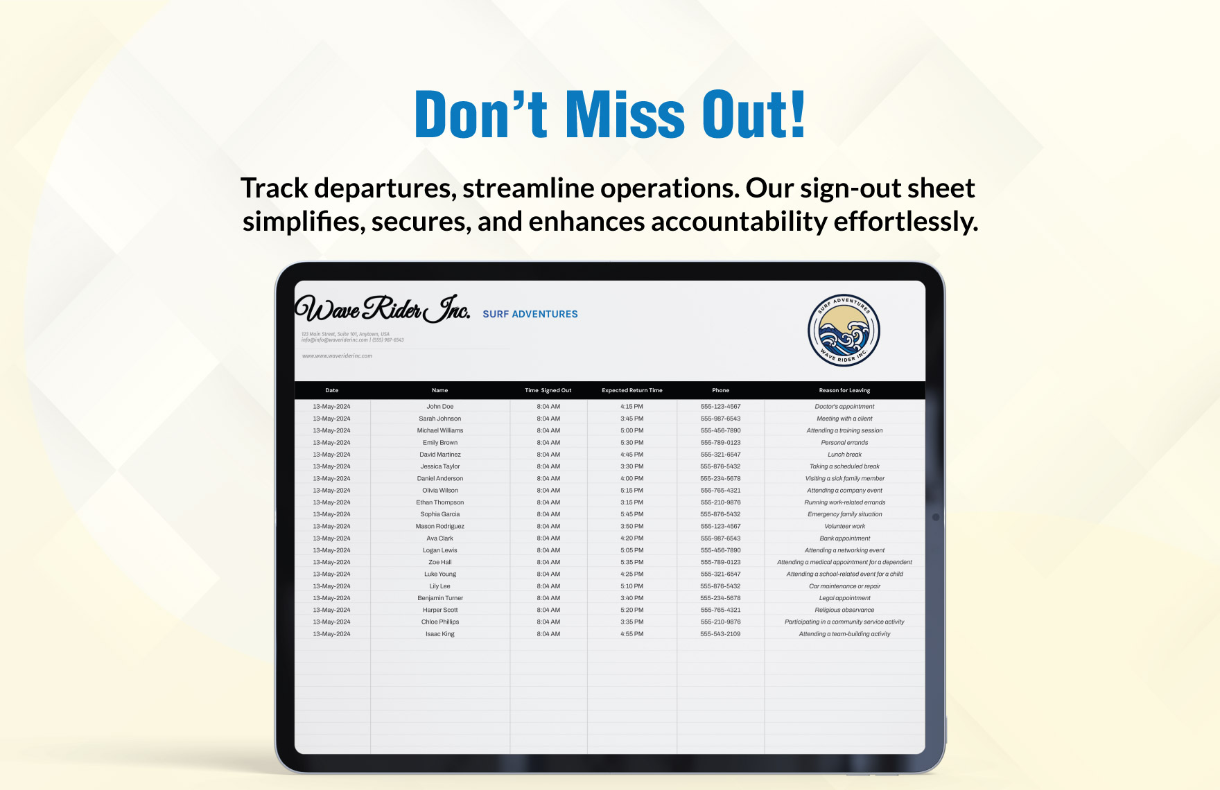 Employee Sign Out Sheet Template