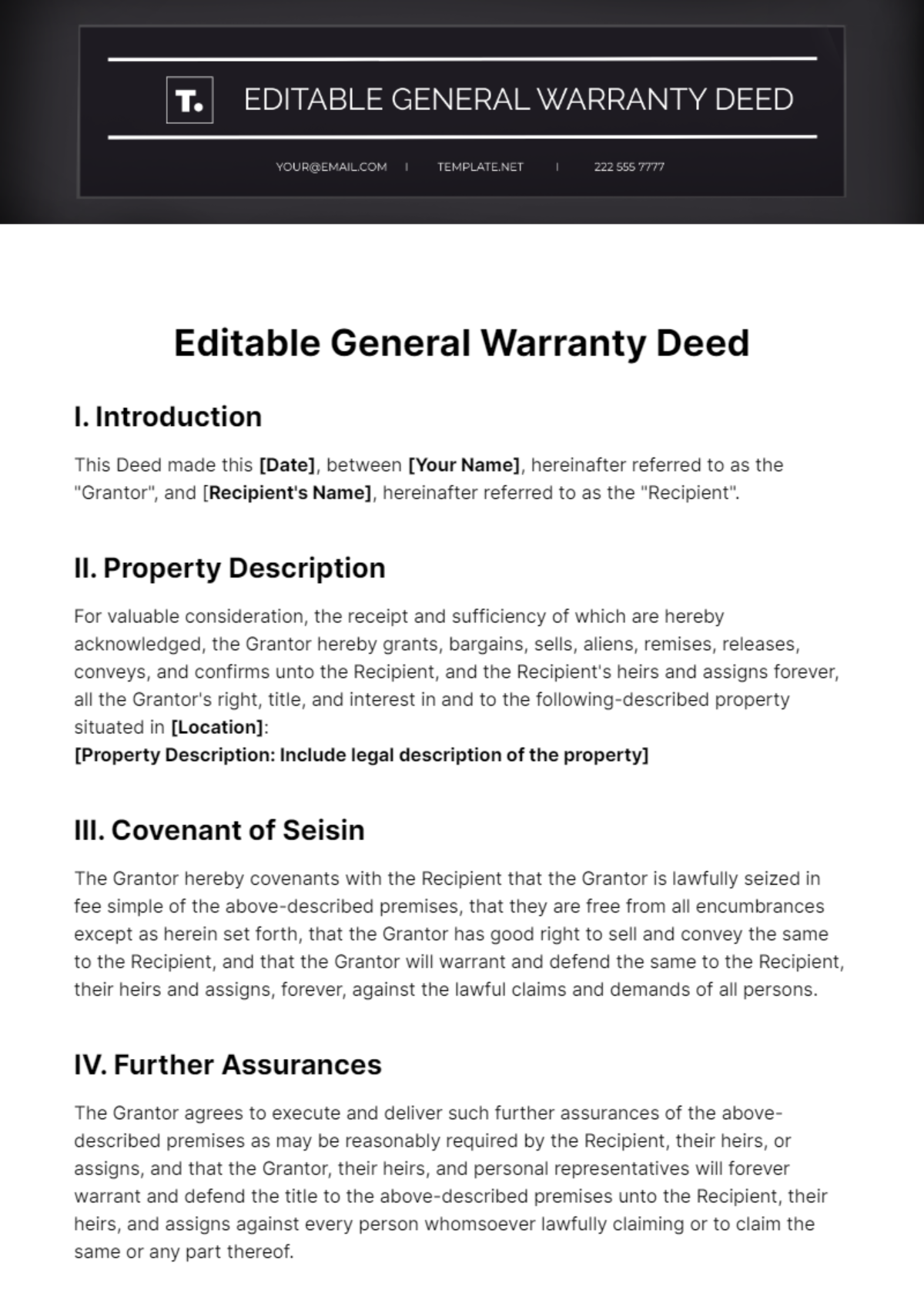 Editable General Warranty Deed Template - Edit Online & Download