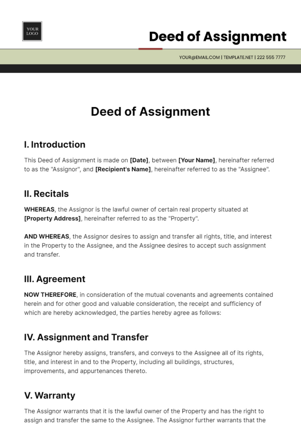 Free Deed of Assignment Template