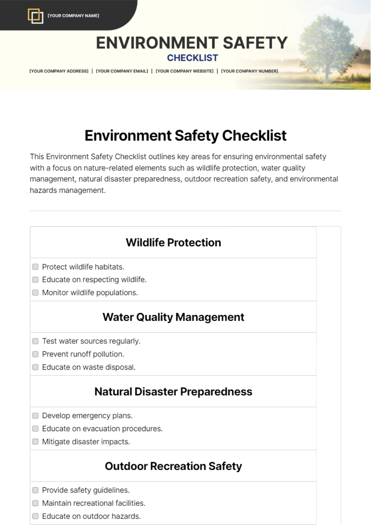 Environment Safety Checklist Template