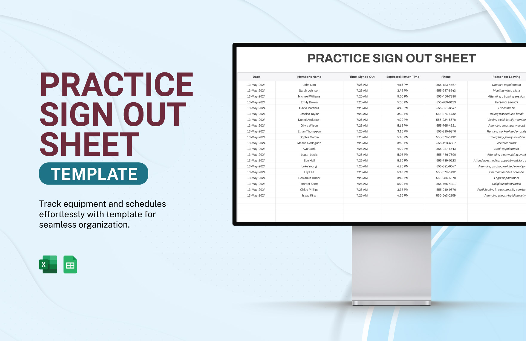Practice Sign out Sheet Template in Excel, Google Sheets