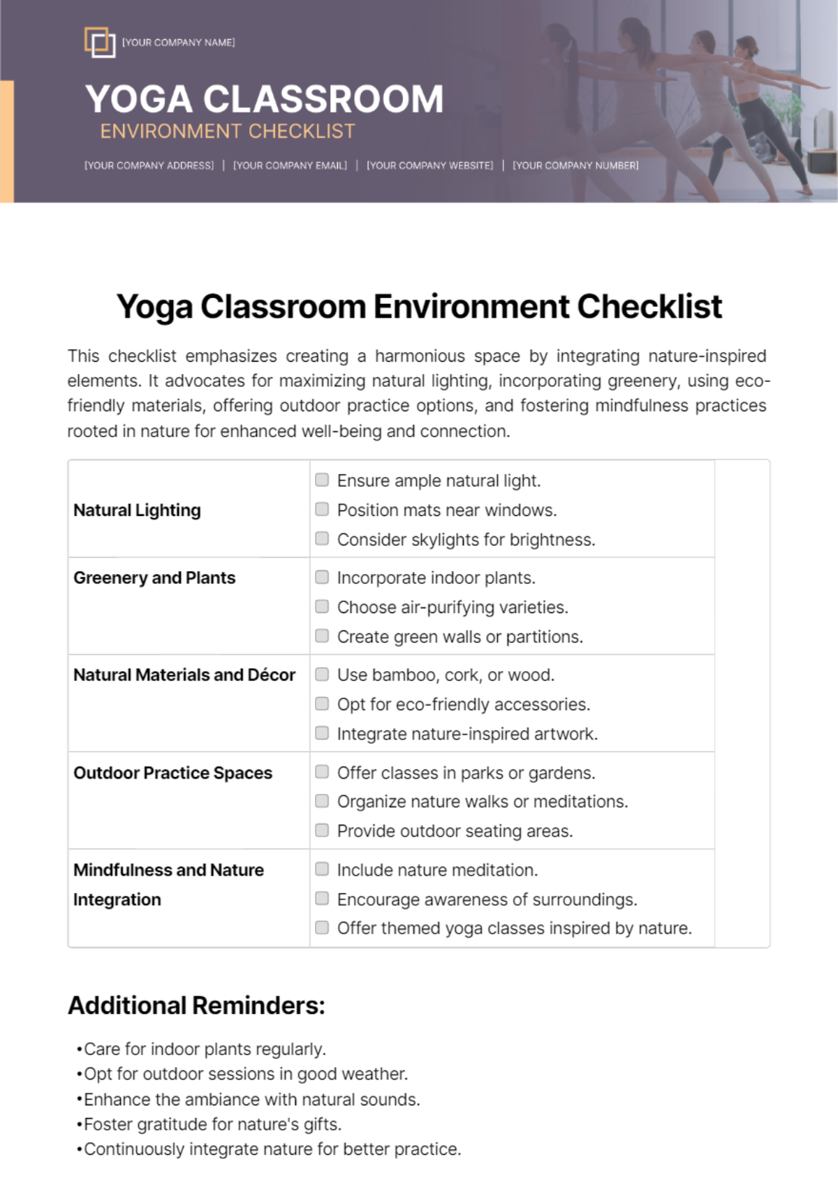 Yoga Classroom Environment Checklist Template