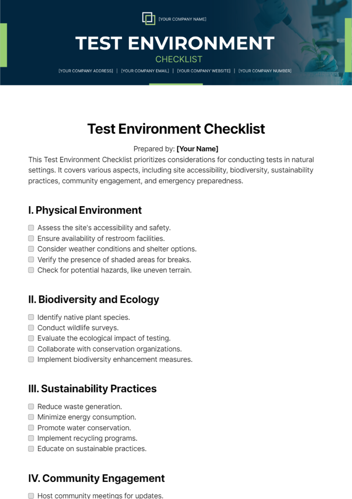 Test Environment Checklist Template