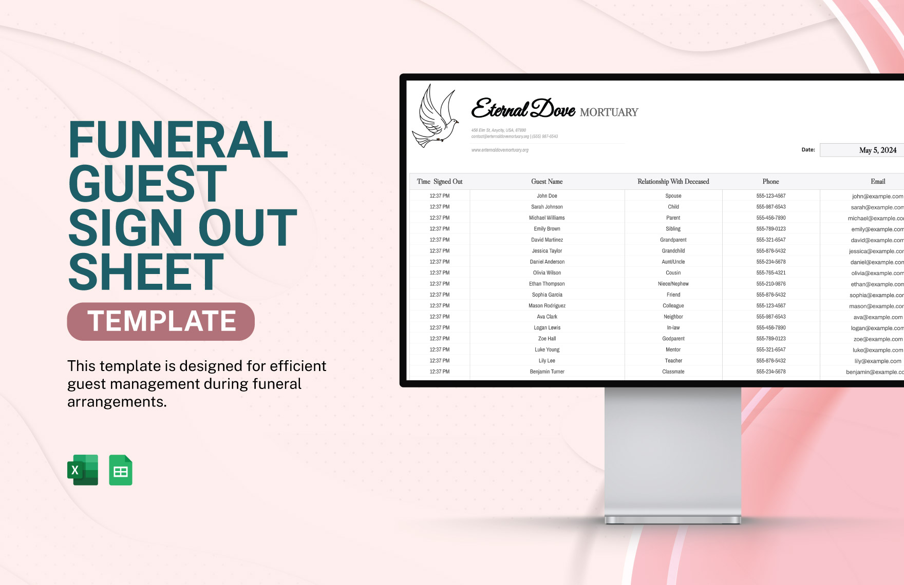 Funeral Guest Sign Out Sheet Template in Excel, Google Sheets