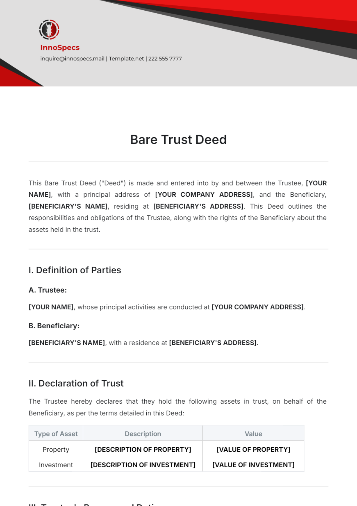 Bare Trust Deed Format Template