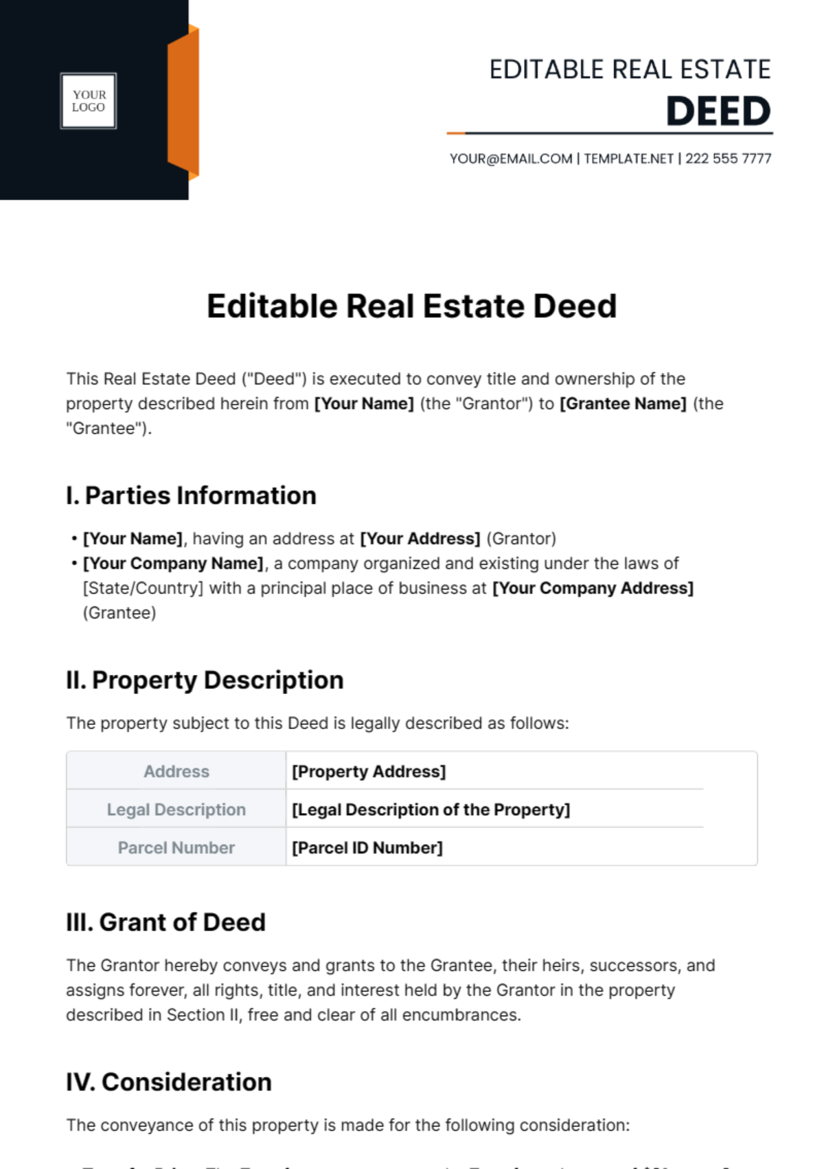 Editable Real Estate Deed Template - Edit Online & Download