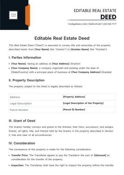 Free Editable Real Estate Deed Template to Edit Online