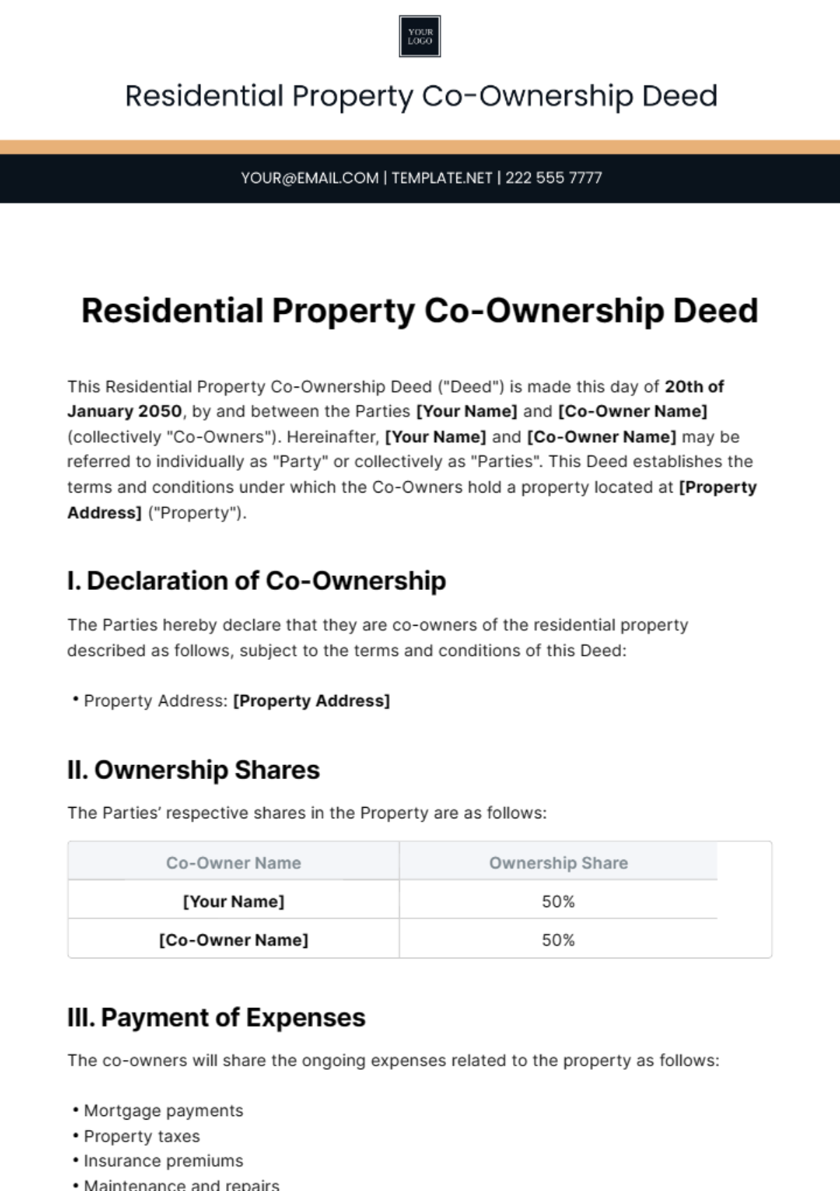 Residential Property Co-Ownership Deed Template - Edit Online & Download