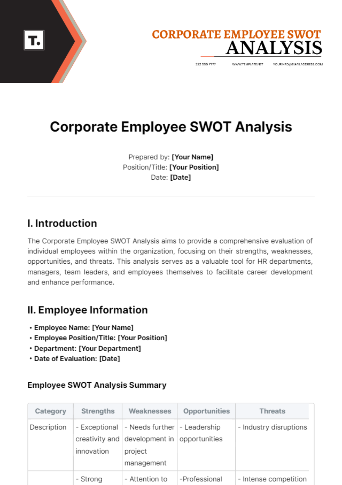 Corporate Employee SWOT Analysis Template - Edit Online & Download