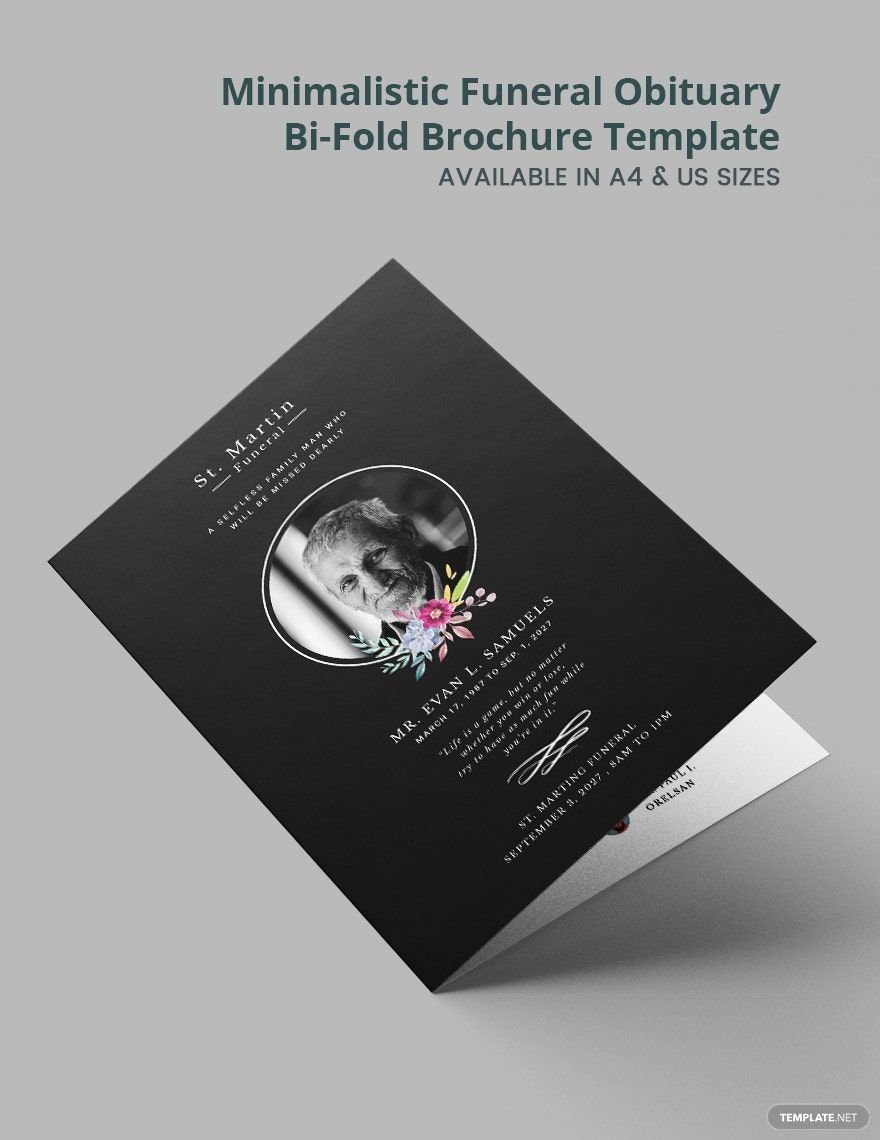 Minimalistic Funeral Obituary Bi-Fold Brochure Template in Word, Google Docs, Illustrator, PSD, Apple Pages, Publisher