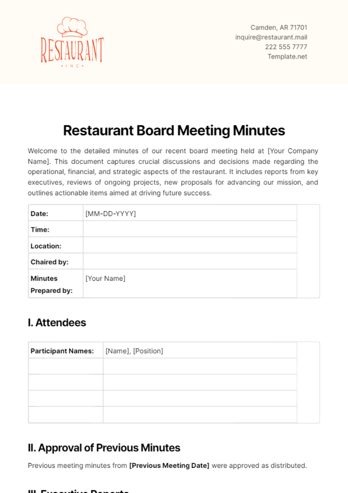 Restaurant Board Meeting Minutes Template